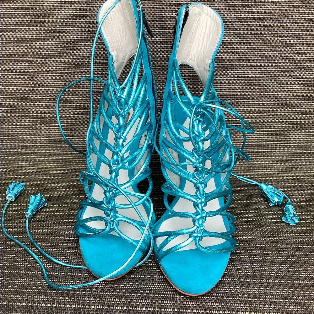 Sophia Webster New York Lacey leather metallic tie up open toe heels sandals